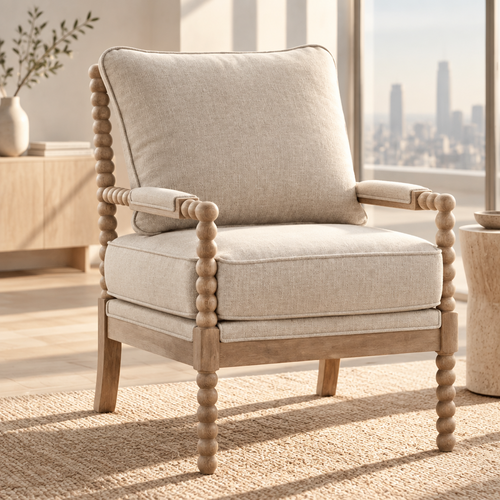 Linen Spindle Arm Wood Frame Accent Chair