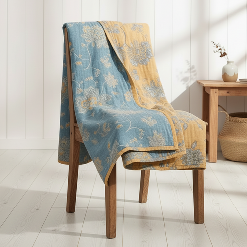 Lightweight cotton muslin reversible quilt throw blanket from The Finishing Touch Decor, showing soft, breathable fabric with a subtle pattern.