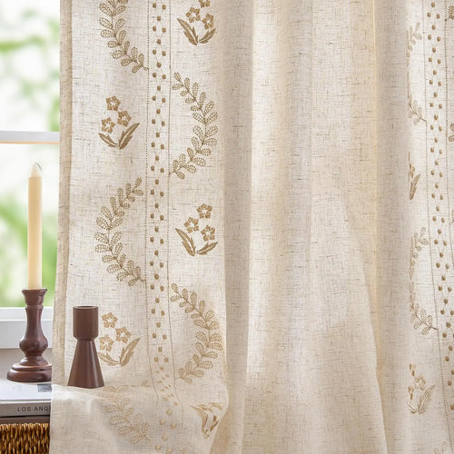 Linen Curtains for Bedroom Floral Curtains 63 Inch Length Linen Blend Beige Embroidered Drapes Farmhouse