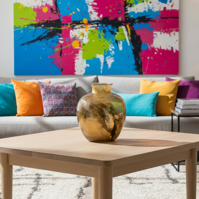 Decorative glass vase with smokey tan ink swirl texture, showcasing elegant design from The Finishing Touch Decor.