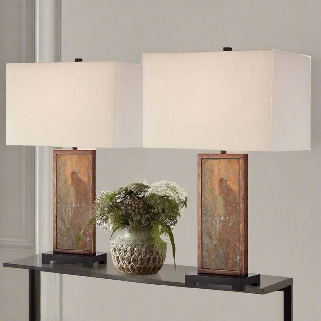 Modern Natural Slate & Bronze Rustic Set of Table Lamps - The Finishing Touch Decor