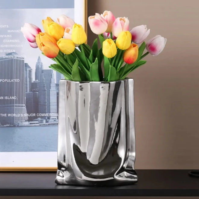 Silver Ruffled Ceramic Porcelain Flower Vase - The Finishing Touch Decor