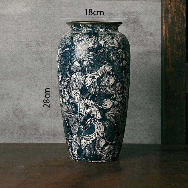 Blue & White Shell Print Porcelain Ceramic Vase