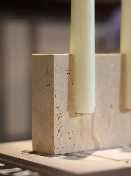 Beige Marble Travertine Stone Wabi Sabi Candlestick Holder - The Finishing Touch Decor