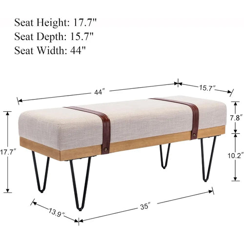 Industrial Modern Linen Rectangle Ottoman Bench with PU Strap and Metal Legs, Mid Century Dining Table Bench Footstool Entryway