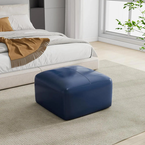 Rectangular Genuine Leather Ottoman, Button Tufted Coffee Table Ottoman with Legs, Upholstered Footrest Stool for Living Room