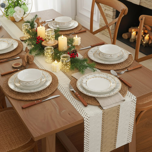 Boho Farmhouse Linen Macrame Table Runner