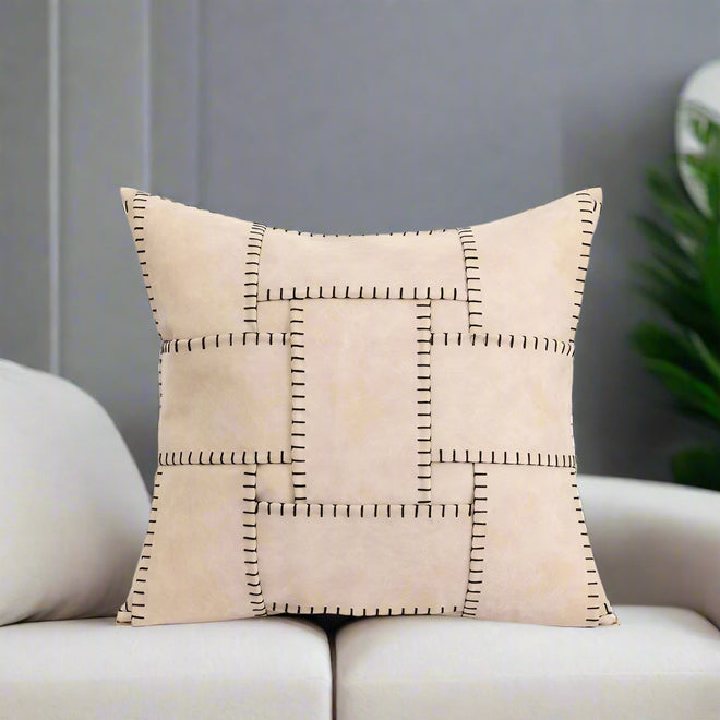 Diphylleia Italian Minimalist Designer Whip Stich Pillow Case Modern Luxe Khaki Cream Blocks Patchwork Suede Cushion Cover 45X45