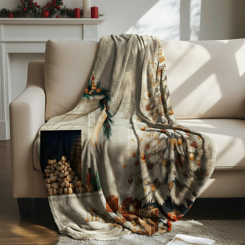 Christmas Fireplace Scene Plush Fleece Blanket