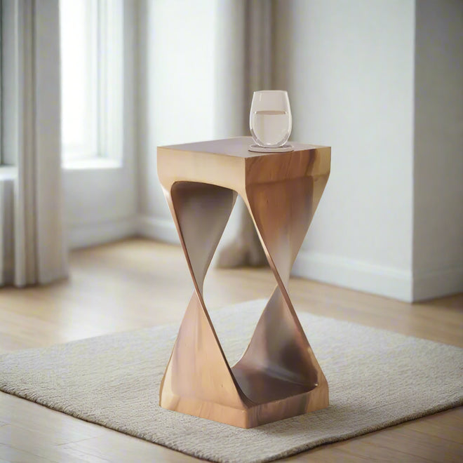 Furniture Solona Solid Wood Side Table, Acacia Whimsical Carved Design, Finish, Functional and Visually Alluring Natural Wood