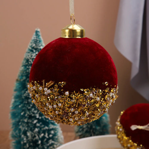 Red velvet and glitter Christmas ball ornaments for holiday decor, featuring festive red and shimmering accents from The Finishing Touch Decor.