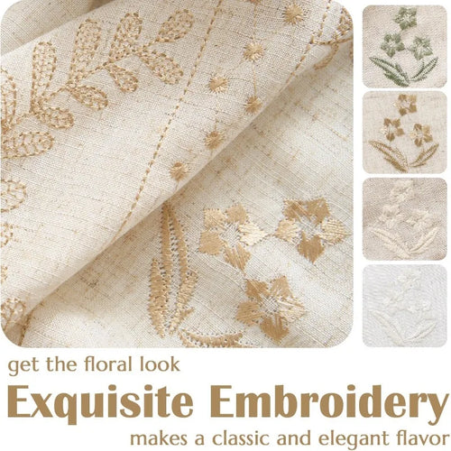 Linen Curtains for Bedroom Floral Curtains 63 Inch Length Linen Blend Beige Embroidered Drapes Farmhouse