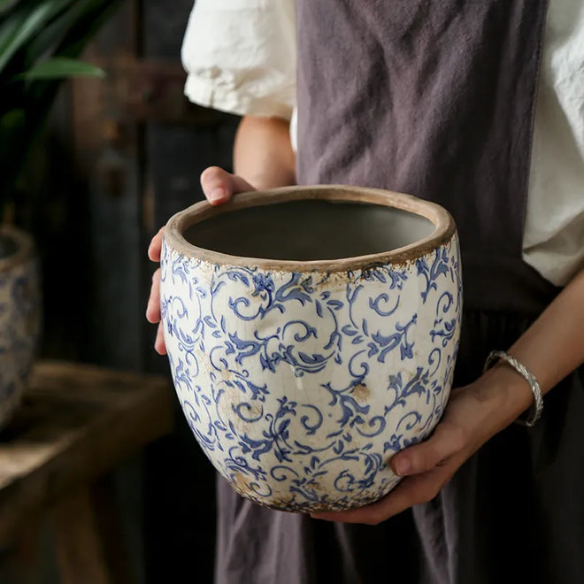 Chinese Antique Blue & White Pastoral Design Pottery Planter - The Finishing Touch Decor