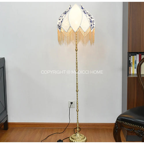 French Blue Floral Silk and Velvet Lampshade with Pearl Tassel - The Finishing Touch Decor
