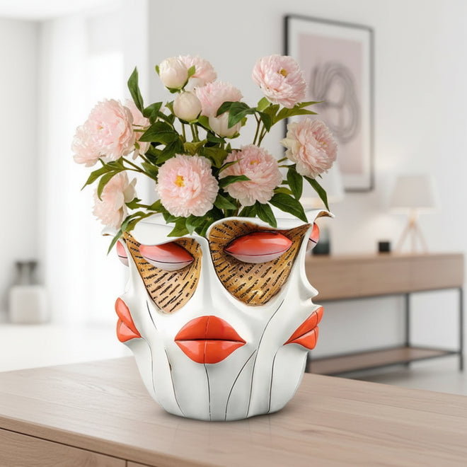 Abstract red kiss human face decorative vase by The Finishing Touch Decor, featuring a bold and artistic design.