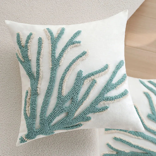 Coastal Aqua Coral & Shell Tufted Throw Pillow Covers
