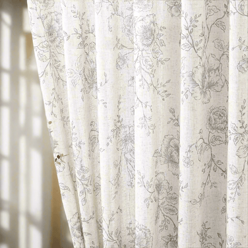 Vintage Cream & Grey Floral Sketch Pattern Farmhouse Curtains