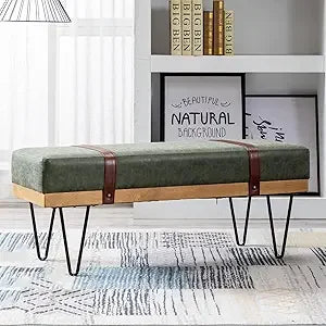 Industrial Modern Linen Rectangle Ottoman Bench with PU Strap and Metal Legs, Mid Century Dining Table Bench Footstool Entryway