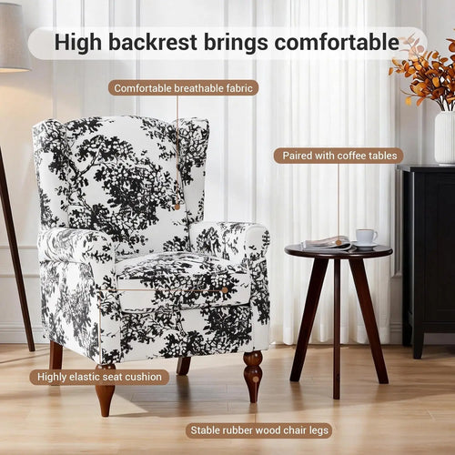 Upholstered floral wingback accent chair with matching small table, stylish small furniture piece from The Finishing Touch Decor