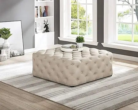 Sherlyn Tufted Square Ottoman/Footstool, Beige Linen
