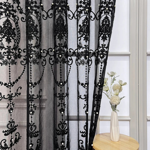 Lace Pearl French Embroidery Black Sheer Window Curtains - The Finishing Touch Decor