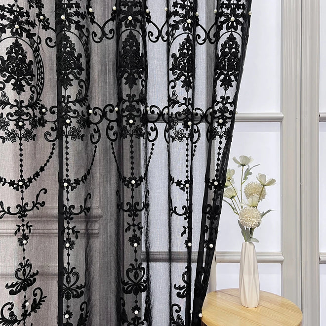 Lace Pearl French Embroidery Black Sheer Window Curtains - The Finishing Touch Decor