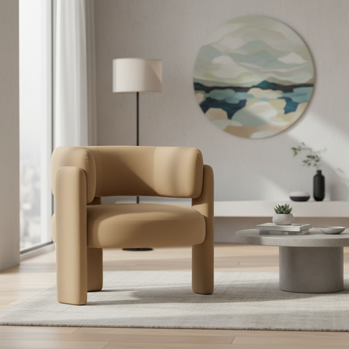 Pair of tan modern velvet barrel armchairs with sleek design, featuring plush cushions and contemporary style for small furniture decor.