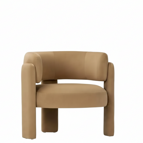 Pair of tan modern velvet barrel armchairs with rounded arms and wooden legs, part of a small furniture set.