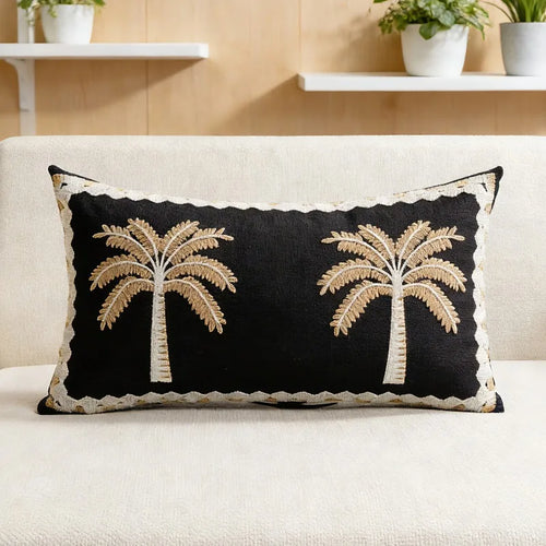 Palm tree embroidery pillowcase with vintage floral design, decorative cushion cover in linen, perfect for spring and summer decor.