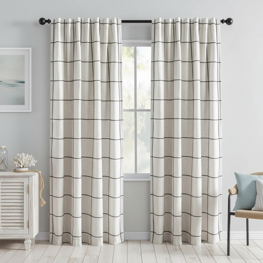 Horizontal stripe coastal linen blackout curtains in black with a stylish design by The Finishing Touch Decor.