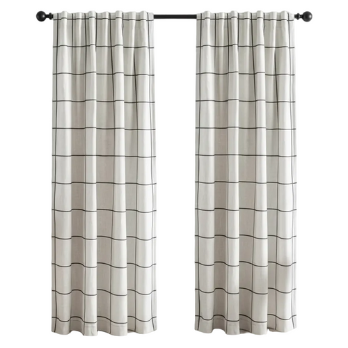 Horizontal stripe coastal linen blackout curtains in black, featuring stylish black and white stripes for a modern window treatment.
