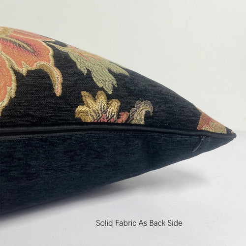 Black floral vintage-style throw pillow cover from The Finishing Touch Decor, featuring elegant floral patterns and soft fabric.