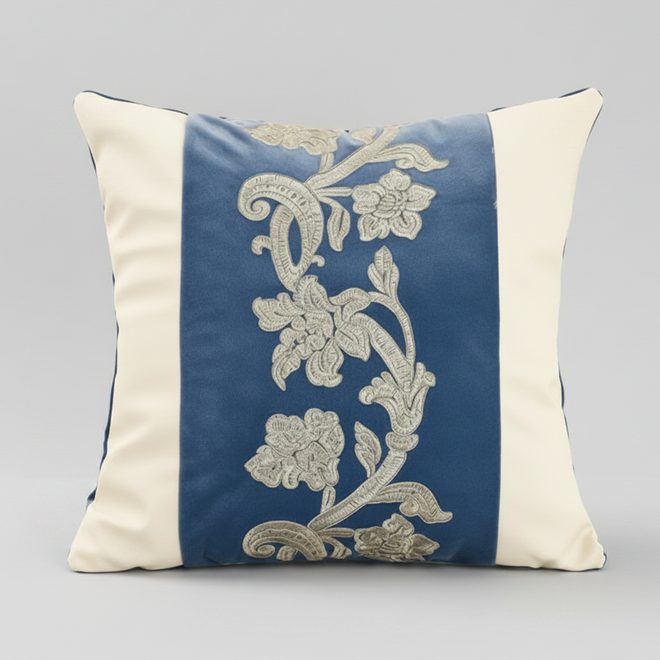 Blue velvet European style throw pillow cover from The Finishing Touch Decor, showcasing a plush, luxurious fabric with elegant detailing.