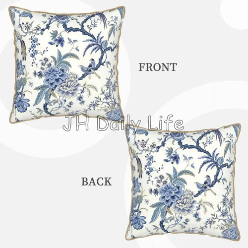Soft white and blue sparrow throw pillow cover from The Finishing Touch Decor, featuring bird and floral pattern on fabric.