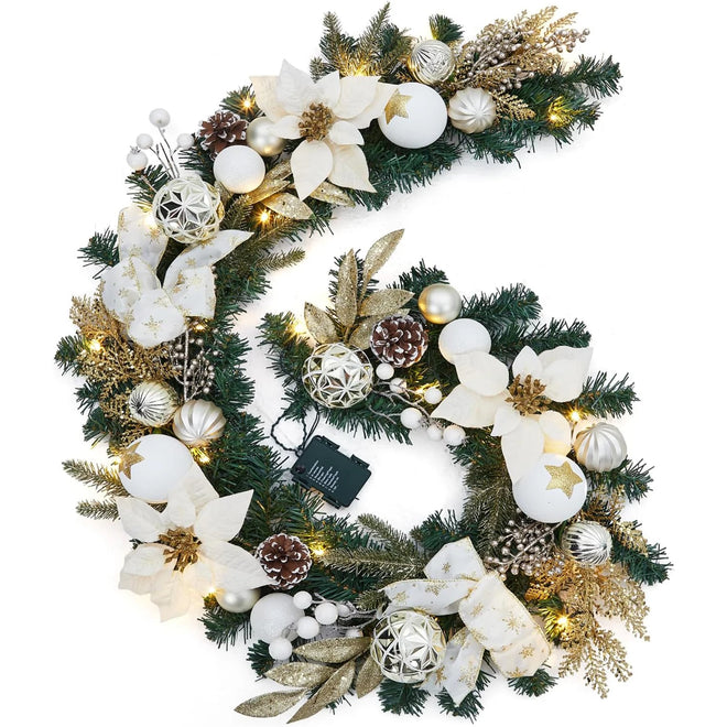 Pre-Lit White Flower & Ornament 6ft Christmas Garland