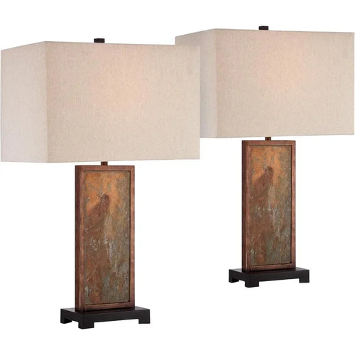 Modern Natural Slate & Bronze Rustic Set of Table Lamps - The Finishing Touch Decor