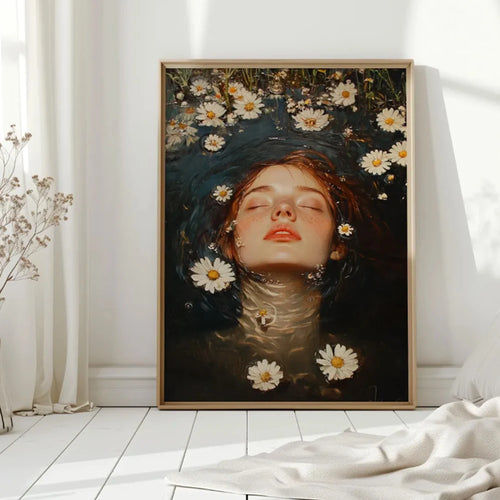 Abstract Fantasy Water Lily Girl Surreal Art Posters Romantic Girl With Daisy Floating Canvas Painting Nordic Style Home Decor