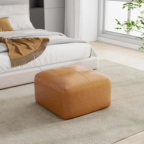 Rectangular Genuine Leather Ottoman, Button Tufted Coffee Table Ottoman with Legs, Upholstered Footrest Stool for Living Room