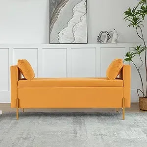 Storage Bench for Bedroom, 55" End of Bed Bench for King Size Bed, Modern Upholstered Long Ottoman Bench with Arms and 2 Pillows