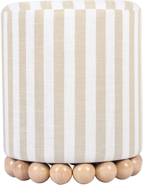 Coastal blue and beige striped linen ottoman stool, small furniture piece by The Finishing Touch Decor, showcasing a stylish and comfortable design.