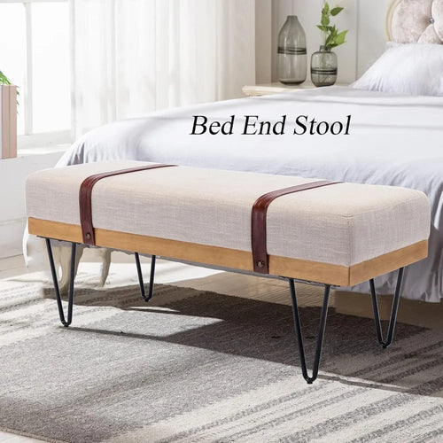 Industrial Modern Linen Rectangle Ottoman Bench with PU Strap and Metal Legs, Mid Century Dining Table Bench Footstool Entryway