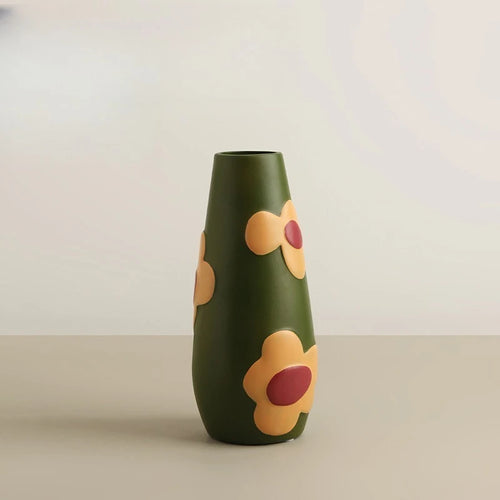 Colorful retro flower hand-painted decorative vase with vibrant floral patterns by The Finishing Touch Decor.