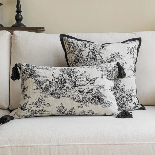 Black French Toile de Jouy Print Throw Pillow Covers