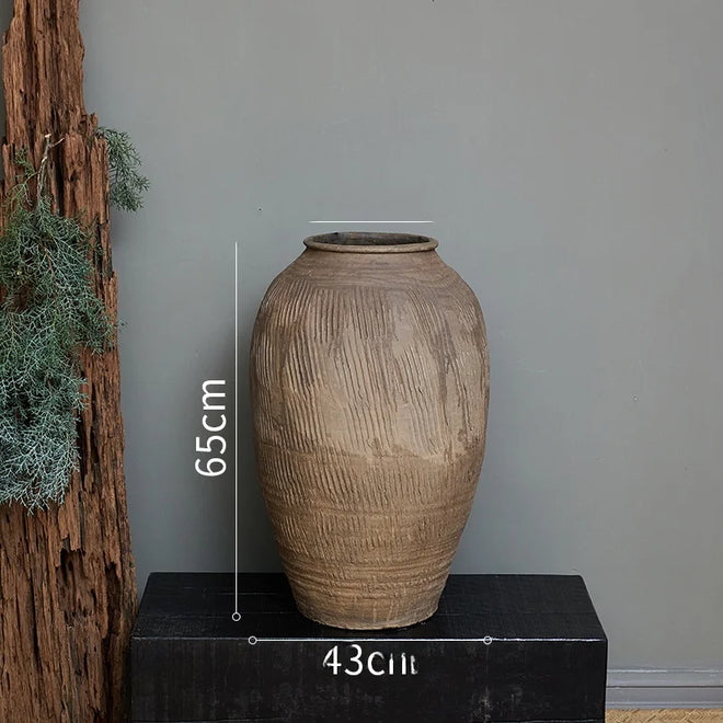 Rustic Zen large terracotta floor vase, decorative ceramic container with earthy finish, ideal for home decor or plant displays.
