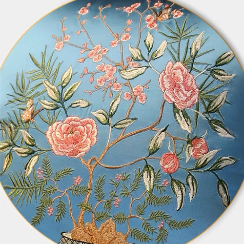 Embroidered floral Chinese vase design on decorative throw pillow cover by The Finishing Touch Decor, perfect for home decor.