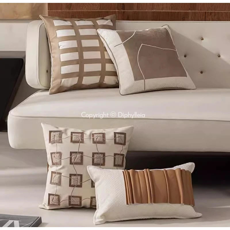 Diphylleia Italian Minimalist Designer Whip Stich Pillow Case Modern Luxe Khaki Cream Blocks Patchwork Suede Cushion Cover 45X45