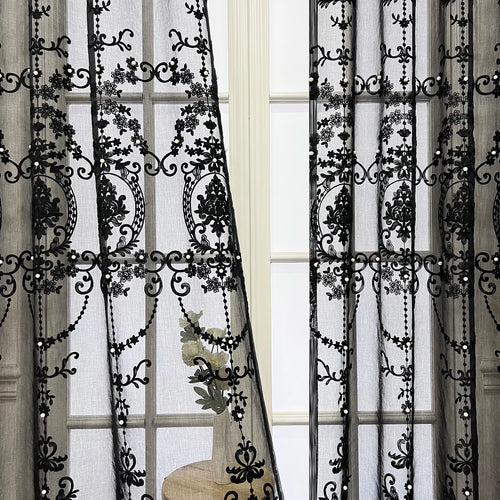 Lace Pearl French Embroidery Black Sheer Window Curtains - The Finishing Touch Decor