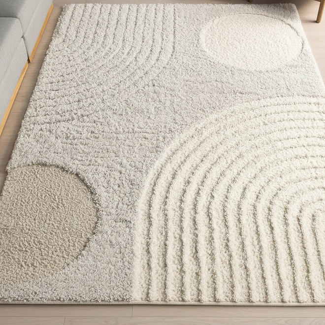 Large Beige Abstract Pattern Shag Area Rug