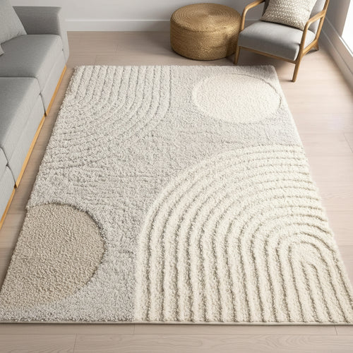 Large Beige Abstract Pattern Shag Area Rug