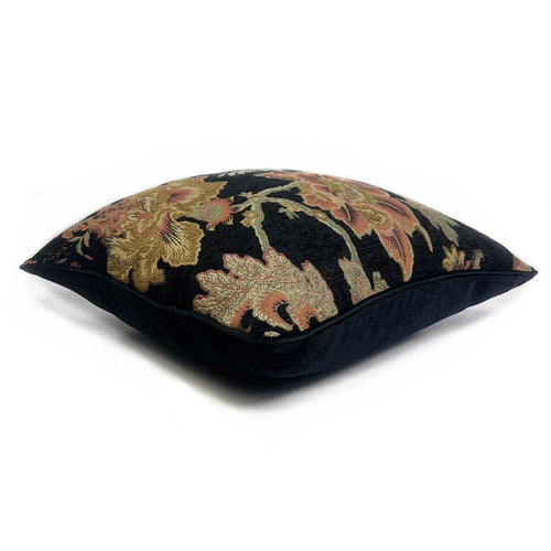 Black floral vintage style throw pillow cover from The Finishing Touch Decor with a classic floral pattern on fabric